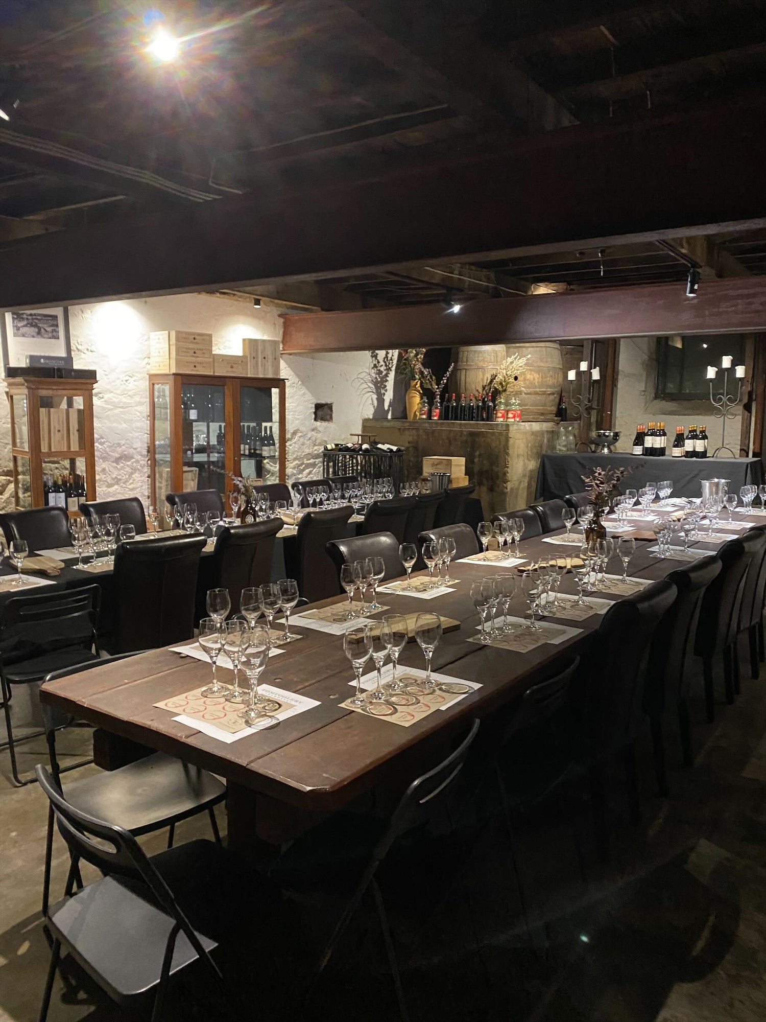 Historic cellar set up for a wine tasting event 